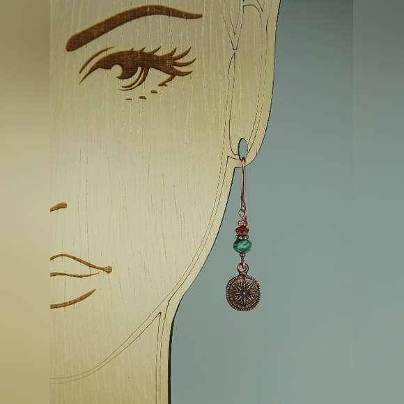 HAND CRAFTED African Turquoise Jasper Czech Glass Copper Compass Dangle Earrings - Picture 5 of 6